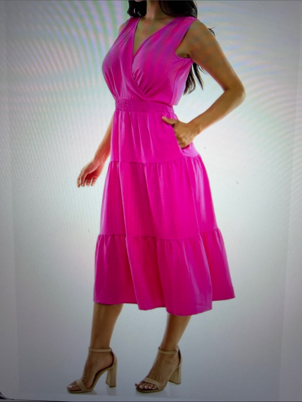 Nordstrom Tiered Midi Dress by Nina Leonard Dragon Fruit HOT PINK w/POCKETS XL